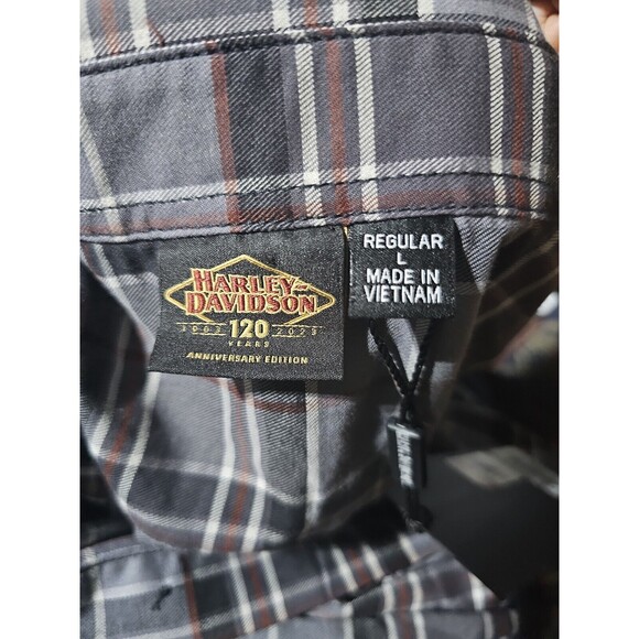 New Harley Davidson 120th Anniversary Plaid Button Up Shirt Grey Men’s Size LARG - Picture 8 of 9